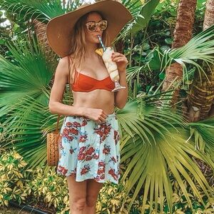 MINKPINK Light Green Button-Front Circle Skirt with Red Floral Print